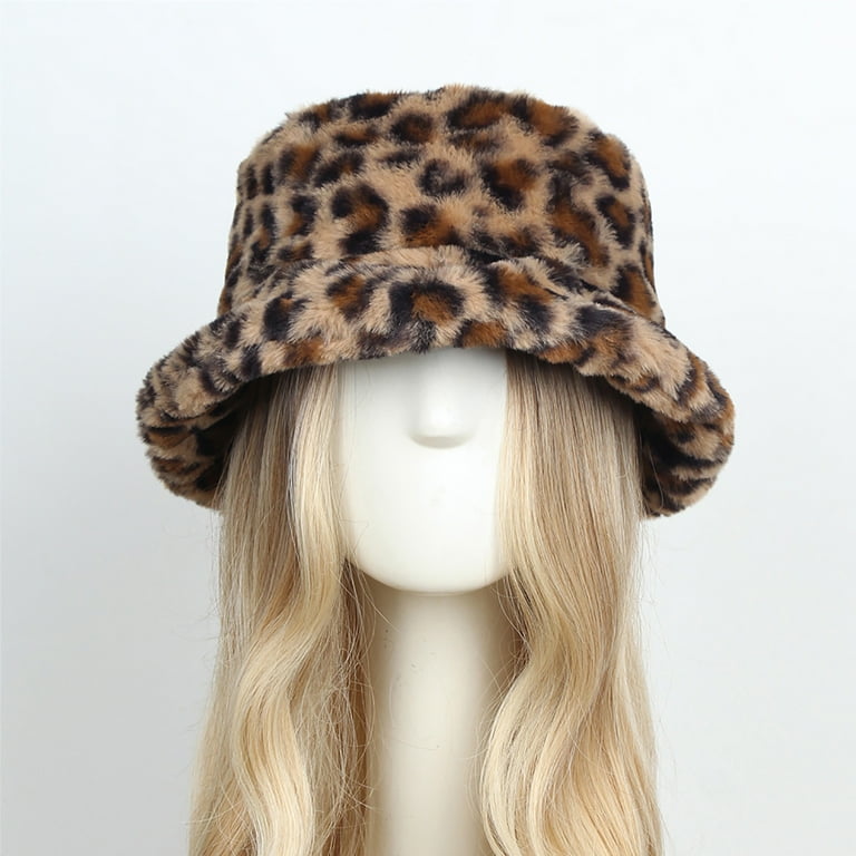 ハット MOLLIOLLI Bucket Soft Ecofur Winter Hat Dark Leopard MW4WAC0 Winter Bucket Hat Fluffy Faux Fur Fisherman Cap for Women
