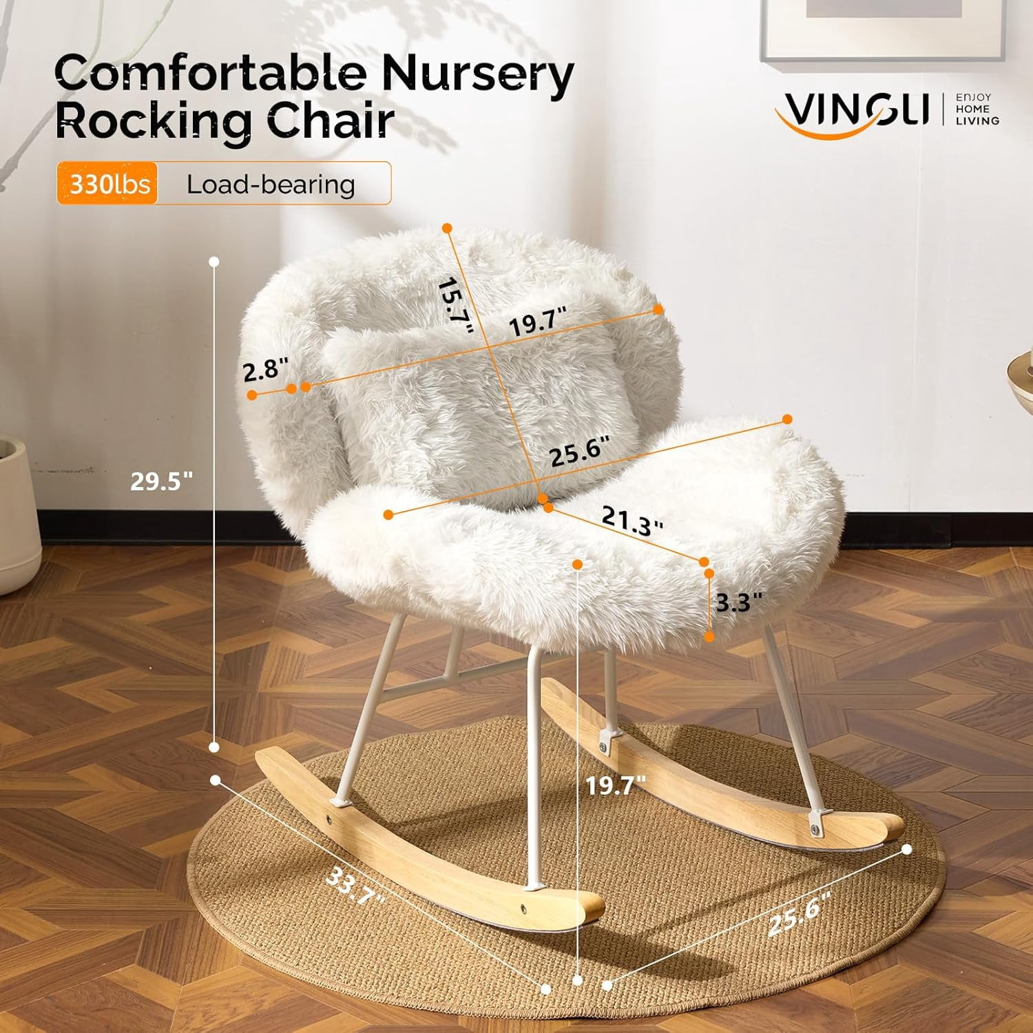 HJTER 25.6" Extra Wide Criss Cross Nursery Rocking Chair,Cute Curved 115° Reclining Armless Glider,Plush Small Rocker w/Pillow & Solid Wood for Indoor,Bedroom, Living Room,Fluffy Fleece,White