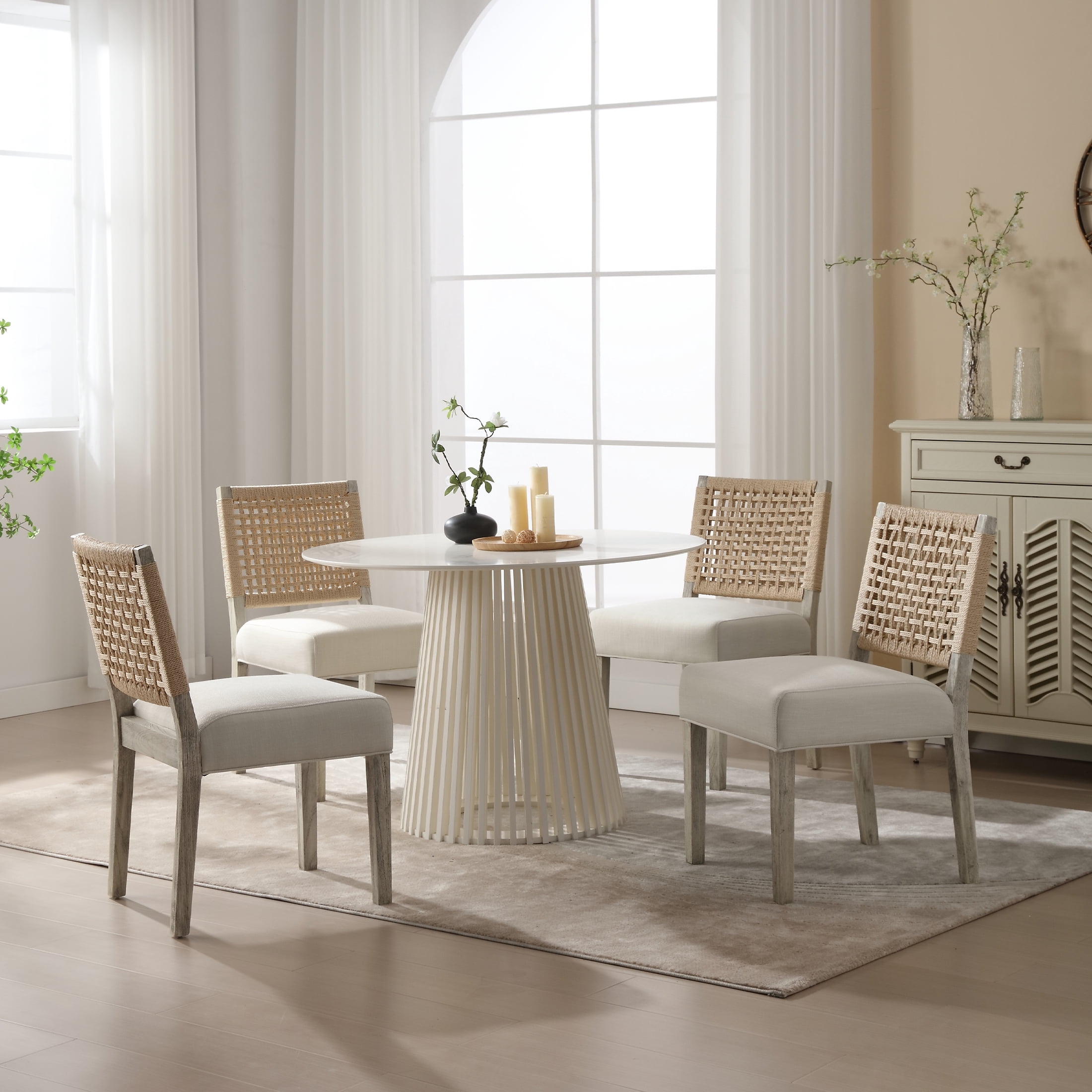 Guyou Farmhouse Dining Chairs Set of 2, Linen Upholstered Kitchen Chairs with Woven Rope Backrest, Mid Century Modern Solid Wood Side Chairs for Kitchen Dining Room, Ivory