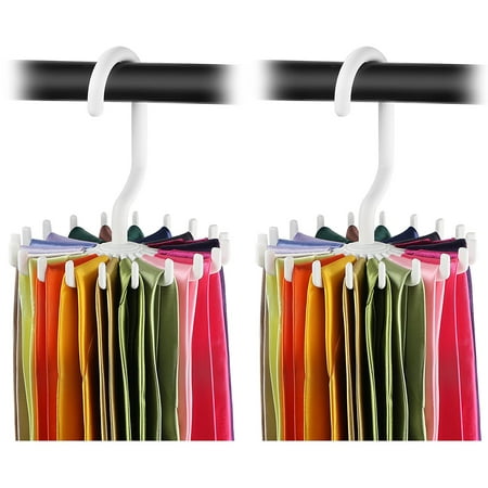 IPOW 20 Hooks Rotating Tie Rack Belt Scarf Organizer Adjustable Holds Storage,White,2 Pack,4.4 inches