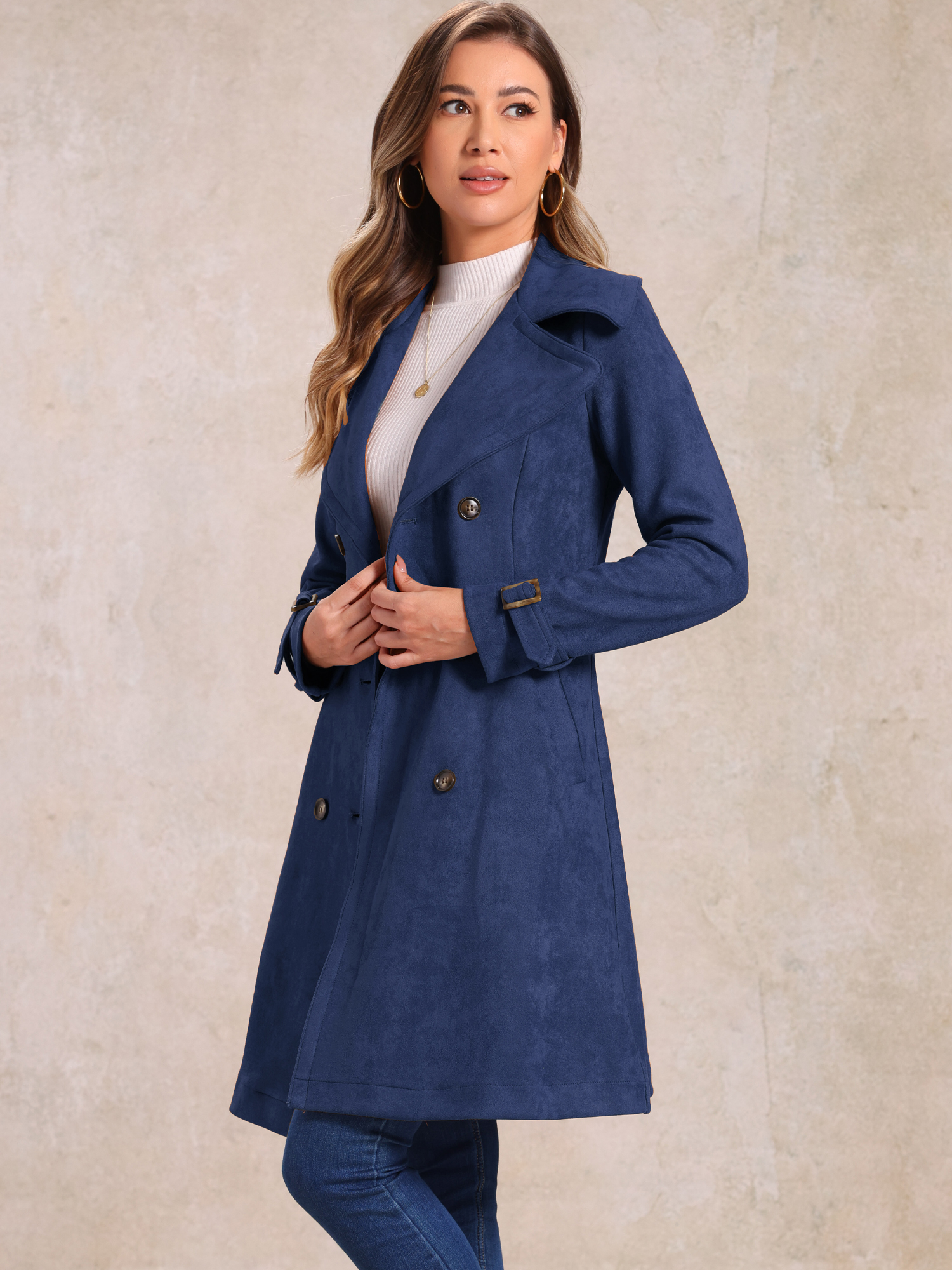 DARING DIVA Women's Strap Cuff Solid Double Breasted Tie Belt Trench Coats Dark Blue L