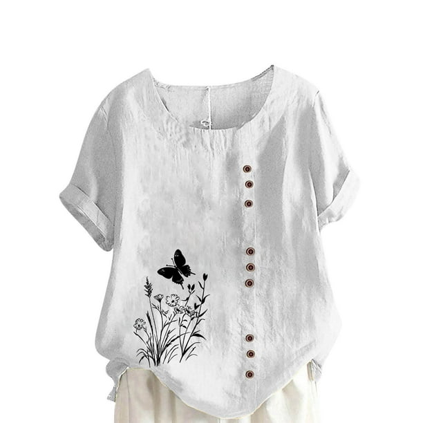 Vestidos Casuales Para Mujer, Blusas De Mujer De Moda Blusa informal de lino con cuello redondo, manga corta y botones para mujer