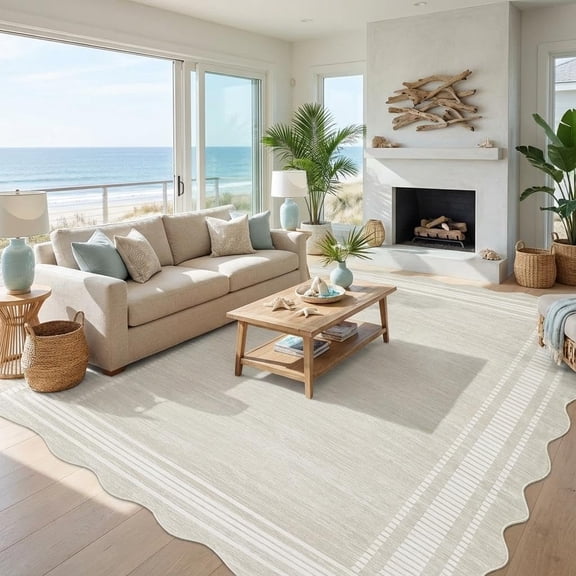 6x9 Washable Area Rug, Scalloped Low Pile Non Slip Soft Indoor Carpet, Stain Resistant Accent Rug for Living Room, Bedroom, Dining Room, Office,cream
