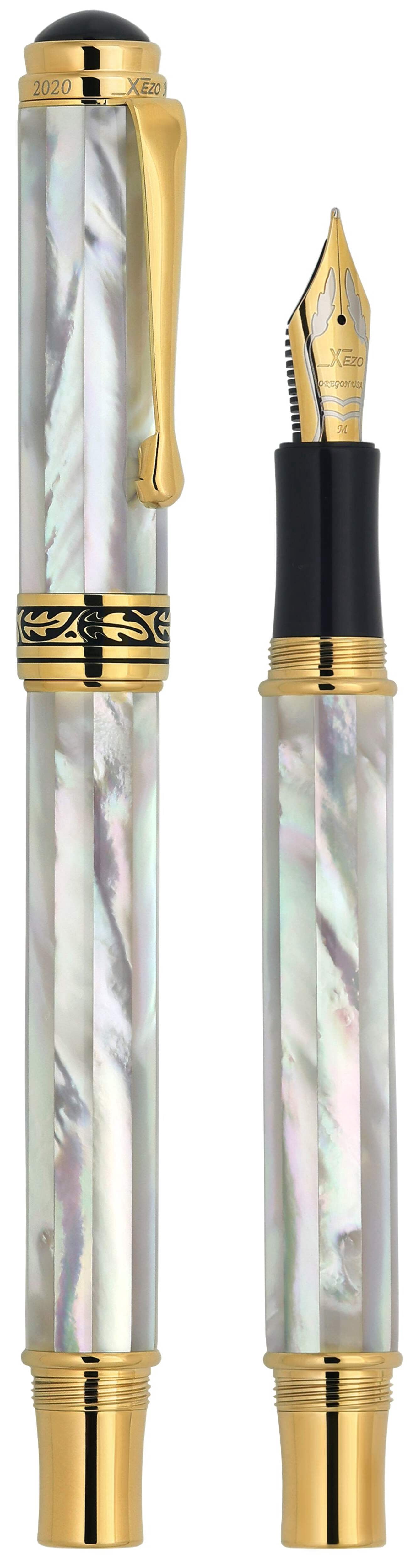 Xezo Xezo Maestro® 18K Gold Plated Fountain Pen (Medium-Fine 0.45 mm Nib) - Oceanic White Mother of Pearl