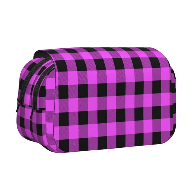 Disketp Purple Black Buffalo Plaid Estuche de Lápices de Doble Capa con Tapa Abatible y Cremallera, Organizador Escolar para Adolescentes y Adultos