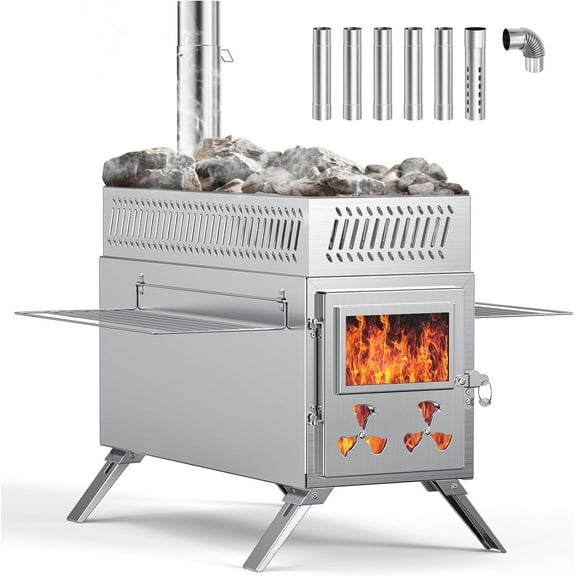 Mophoto Upgraded Wood Burning Sauna Hot Tent Stove,2 in 1 Tent Wood Burning Stove with Chimney Pipe for Outdoor Camping Heating, Camping,Hunting,Heating,Cooking,Ice Fishing,Boiling Water