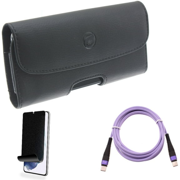 For Samsung Galaxy S21 (6.2") - Fast Charger Cord Type-C to USB-C Purple 10ft PD Cable   [Fingerprint Works] TPU Film Privacy Screen Protector   Holster Leather Case Belt Clip