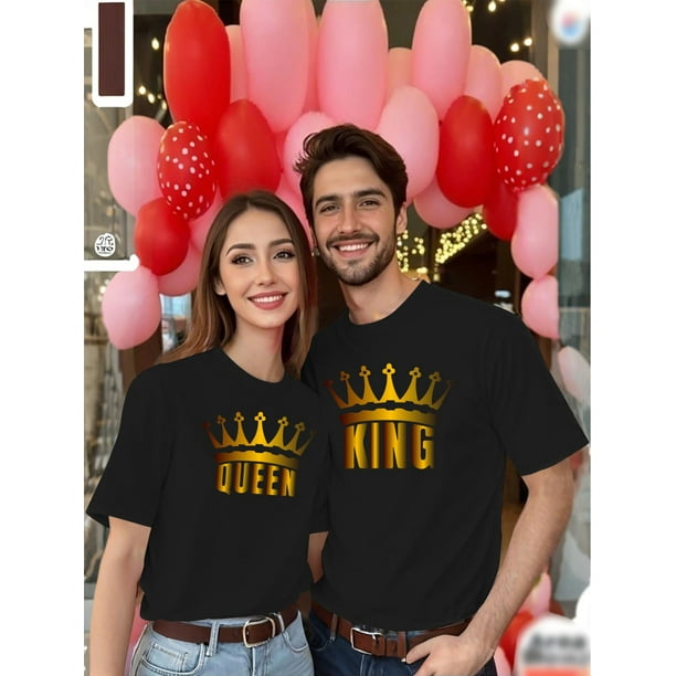 His & Hers Valentine's Day "King" & "Queen" Crown Print T-Shirts - Casual Round Neck, Short Sleeve, Machine Washable - Perfect for Couples Celebration, Valentine's Day T-Shirts Tee For Adult, WOMEN,