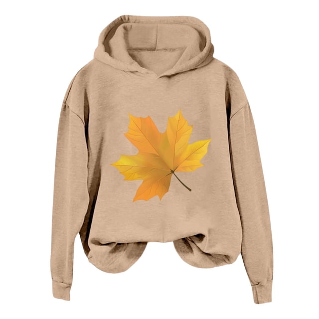 WEAIXIMIUNG Chandails en Molleton Col Rond Graphique Surdimensionné pour Femmes et Hiver Mode Action de Grâce Jaune Imprimé Feuille d'Érable à Capuche