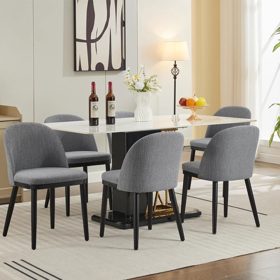 Upholstered Dining Chairs Set of 6 Fabric Side Chairs with Thick Cushions Ergonomic Backrest and Wood Legs 300 lbs Capacity for Dining Room Grey