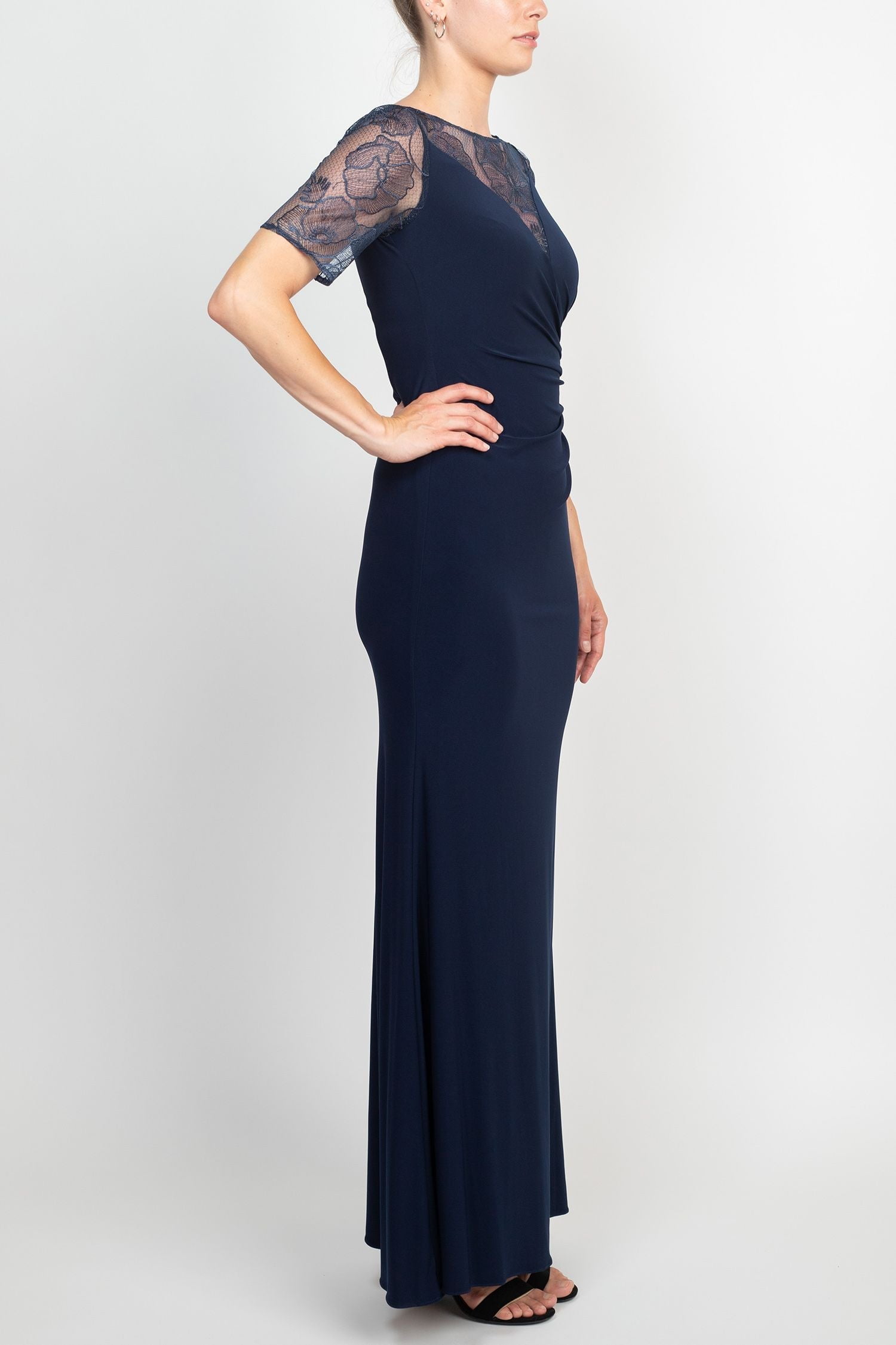 Adrianna Papell Embroidered Illusion Boat Neck Short Sleeve Gathered Side Zipper Back Lace Gown Walmart
