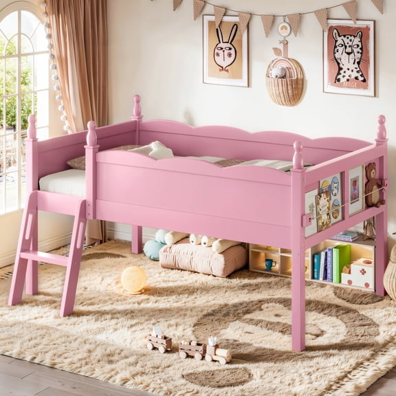 HanuQ Twin Low Loft Bed with Full-Length Guardrails, Solid Wood Frame with Side Bookshelf and Ladder, Low Profile Design No Box Spring, Pink