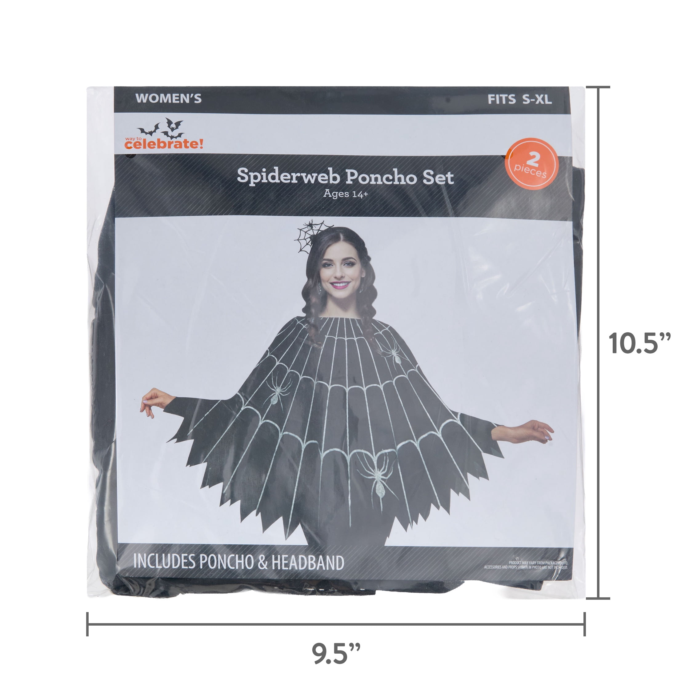 Spiderweb Poncho Costume Accessory Set for Adults, Black and Silver, S-XL, 2 Pieces, Halloween by Way To Celebrate