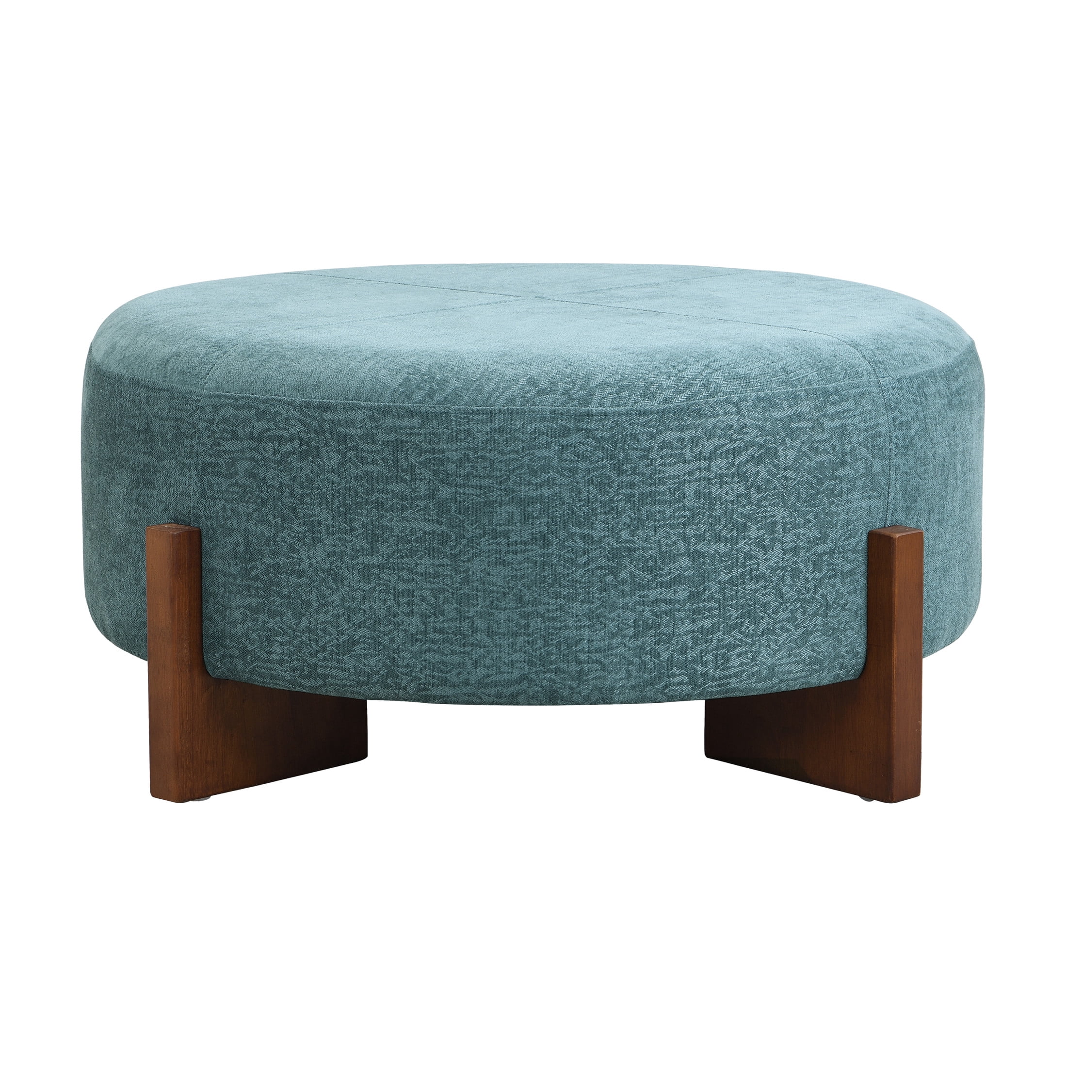 Christopher Knight Home 34" Modern Round Ottoman, Teal Blue Chenille Upholstered, Walnut Wooden Legs