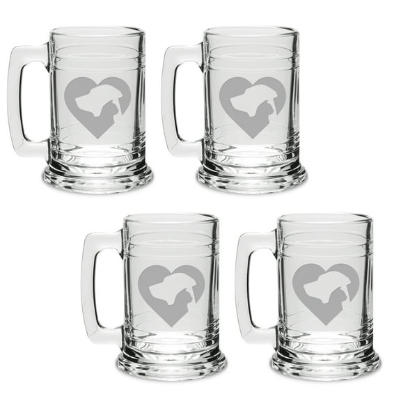 Cat Dog Heart Deep Etched Glass Tankard Mug Set of 4