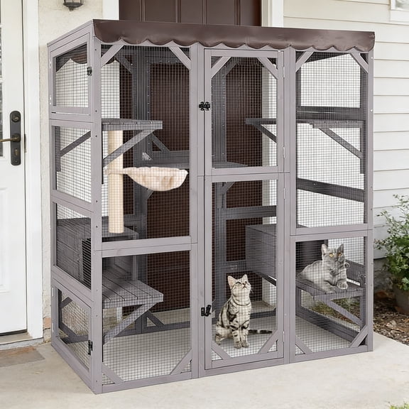 Aivituvin Large Catio Outdoor Cat Enclosure with Condos, Wood Catio Walk in Cat House, Kitty Shelter Indoor with Waterproof Roof Gray