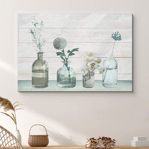 PixonSign Canvas Print Wall Art White Flowers in Glass Vases Floral Wilderness Illustrations Modern Art Glam Group Colorful Multicolor Pastel for Living Room, Bedroom, Office - 16"x24"