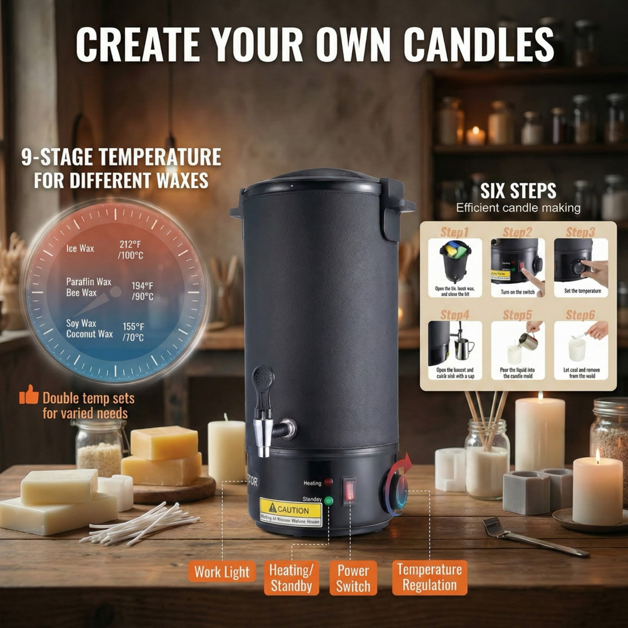 Large-Capacity Electric Wax Melting Pot, 10L with 9-Level Temperature Control & Pour Spout for Candle, Soap, Cream Business