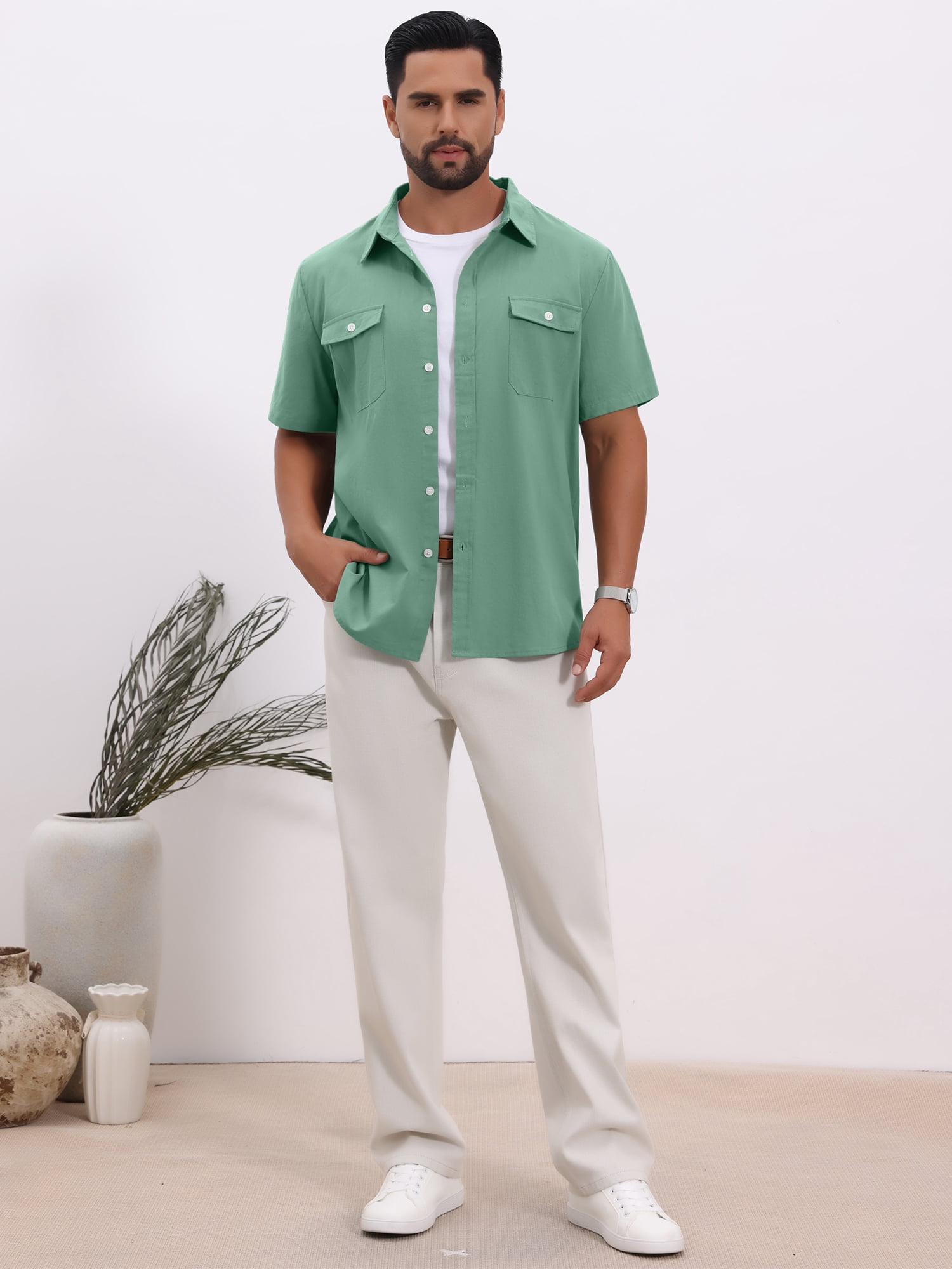 DARING DIVA Men's Linen Chest Pockets Short Sleeves Button Down  Shirt 2XL Green