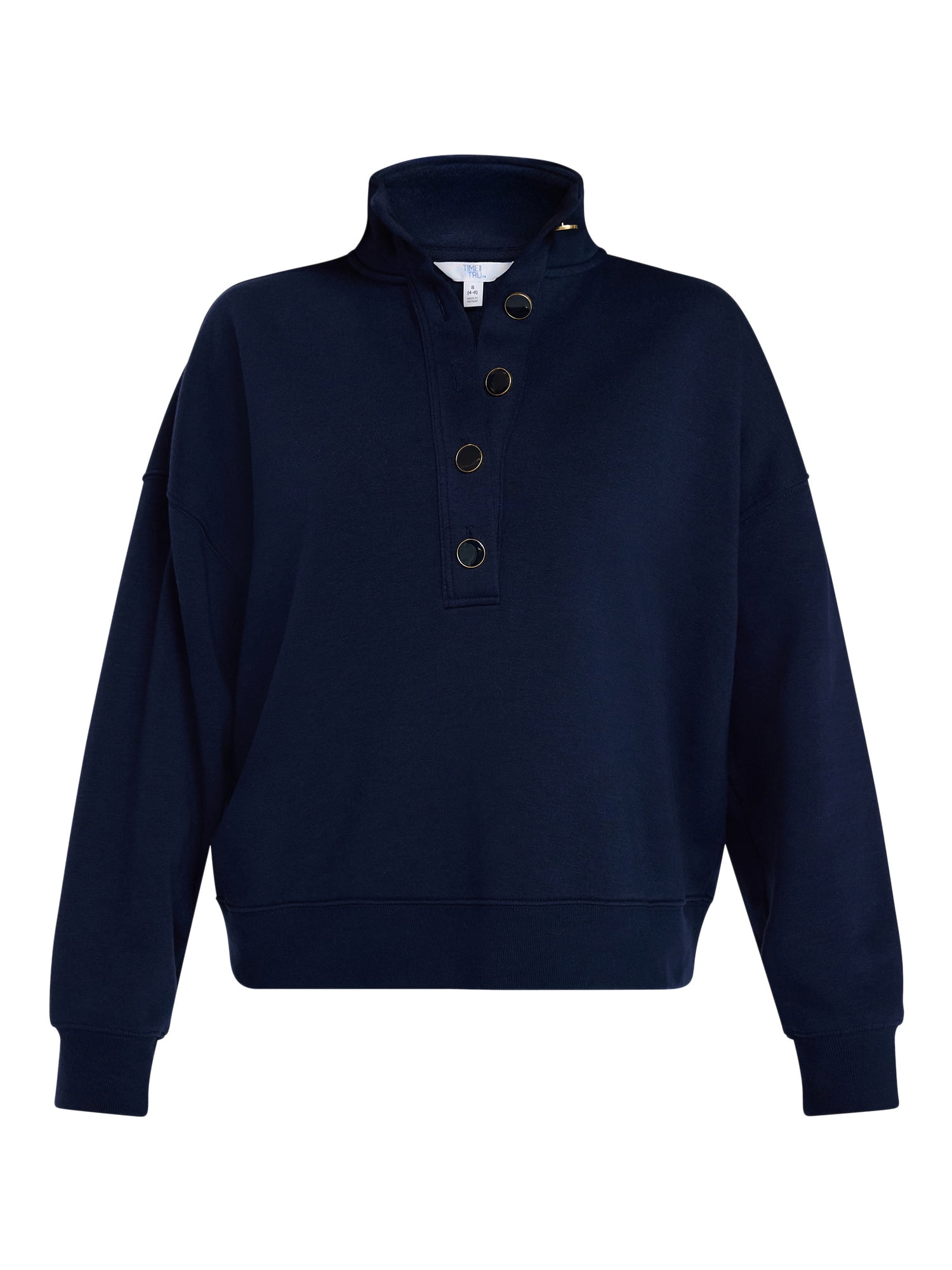 Time and Tru Women's Quarter Button Fleece Top with Long Sleeves, Size XS-4X