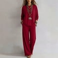 thumbnail image 2 of Morttic Women's Casual Loose Two-Piece Set Long Sleeve Round Neck Top & Elastic Waist Wide-Leg Pants with Pockets Wine Red,S, 2 of 3