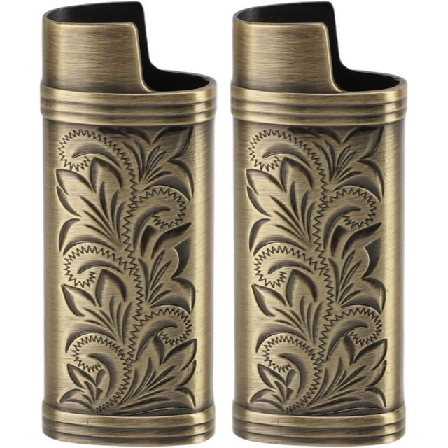 Étui de Briquet en Métal Vintage Floral Estampé, 2 Pcs Étui de Briquet Rétro Compact Gravure 3D Floral Estampé Alliage de Zinc Étui de Protection (Bronze)