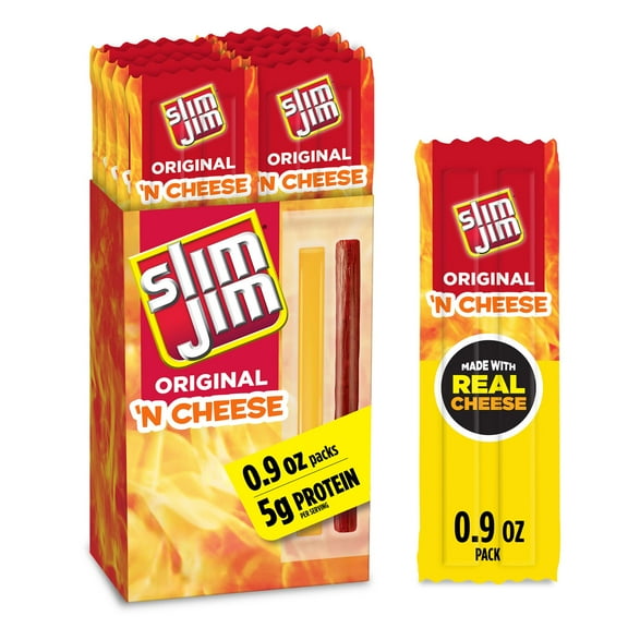 Slim Jim Beef 'N BCF26 Cheese Smoked Meat Sticks, Original Flavor, 5g Protein Per Serving, Snack Size, Lunchbox Snack, 0.9 oz. (10 Count)