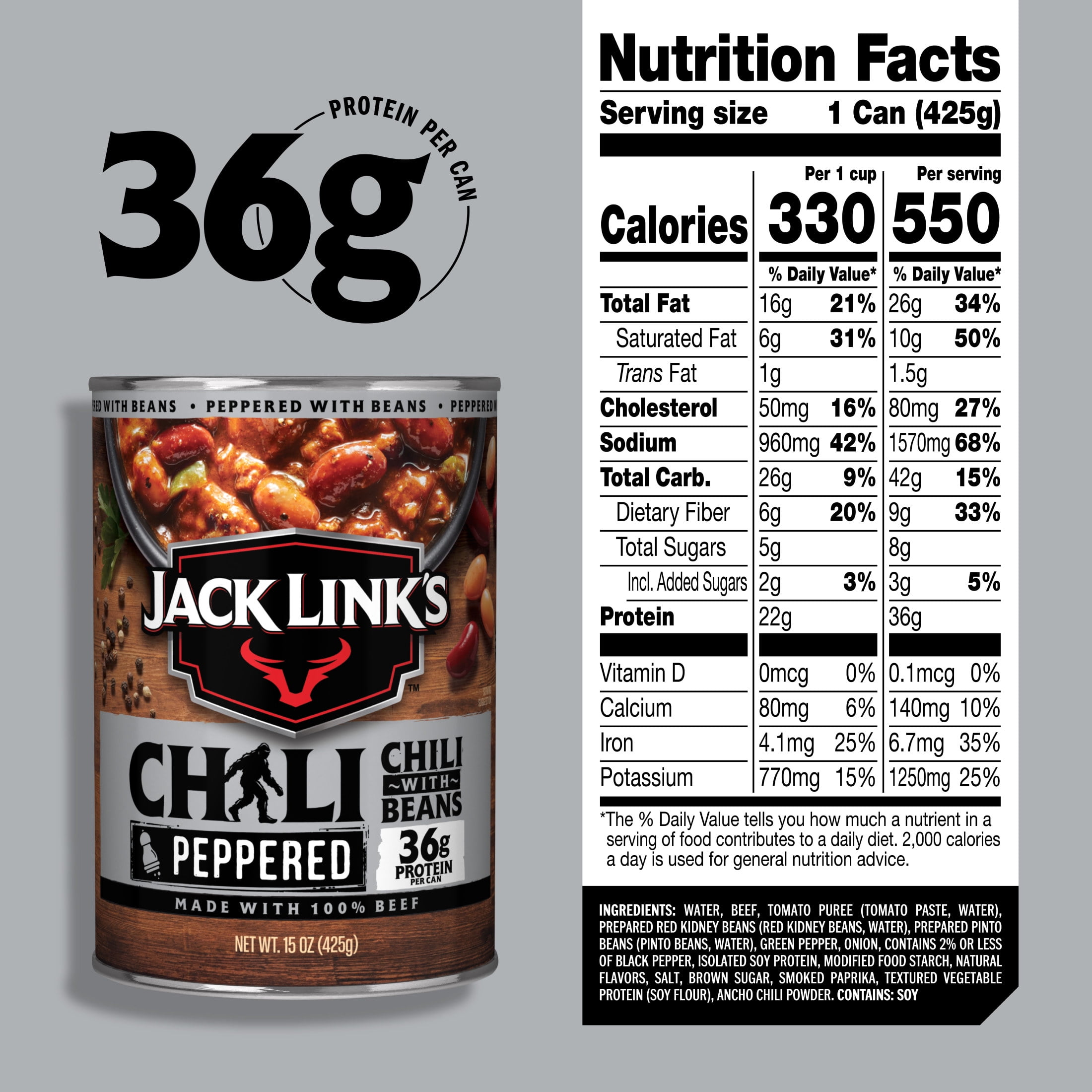 (12 pack) Jack Link's Peppered Chili with Beans, 15 ounce, 36 grams of Protein