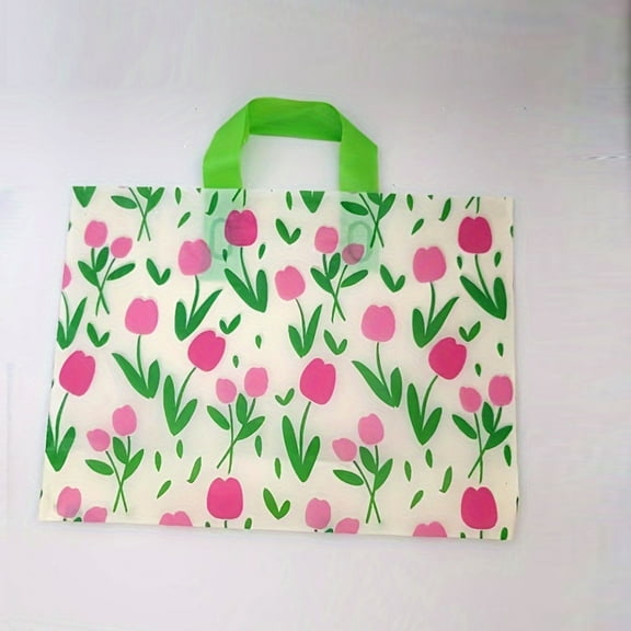 50 pcs white plastic gift bags with pink floral & green leaf patterns, green handles - romantic & elegant