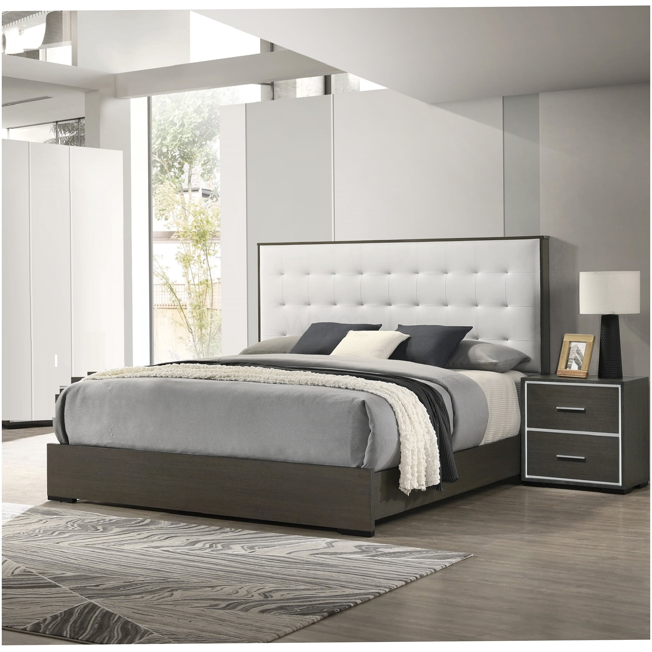 Queen Upholstered Bed Frame with Button Tufted Headboard, Modern Low Profile Platform Bed, Strong Slat Support, Easy Assembly, Gray Beige Wood Bedroom Furniture