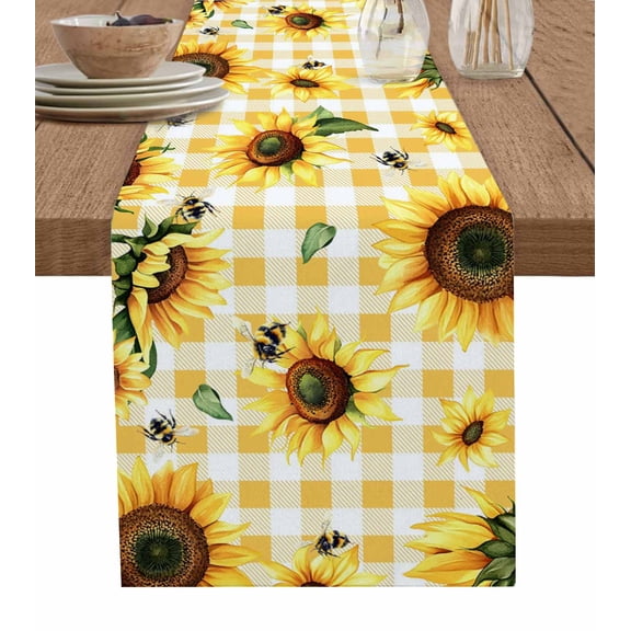 Yellow Sunflower Table Runner 72 Inches, Vintage Country Bee Plaid Ginger Check Bed Runner Dresser Scarves Tabletop for Indoor Outdoor Parties/Ceremony/Banquet, 14" x 72"