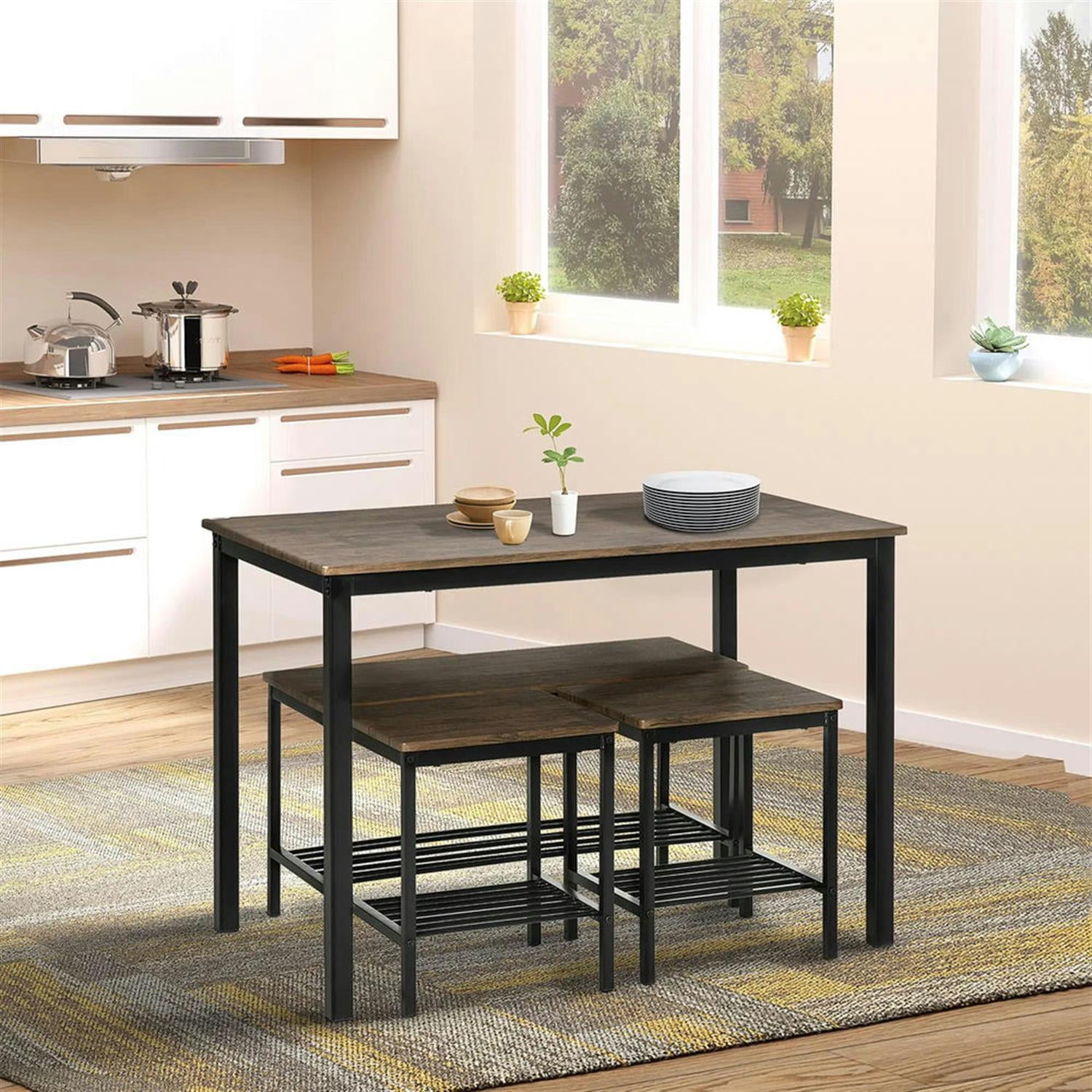 Demi Bonn 4 Piece Dining Table Set for Small Spaces,dustrial Kitchen Table and Chairs for 4 Dining Room Set with Bench, 2 Stools, Brown