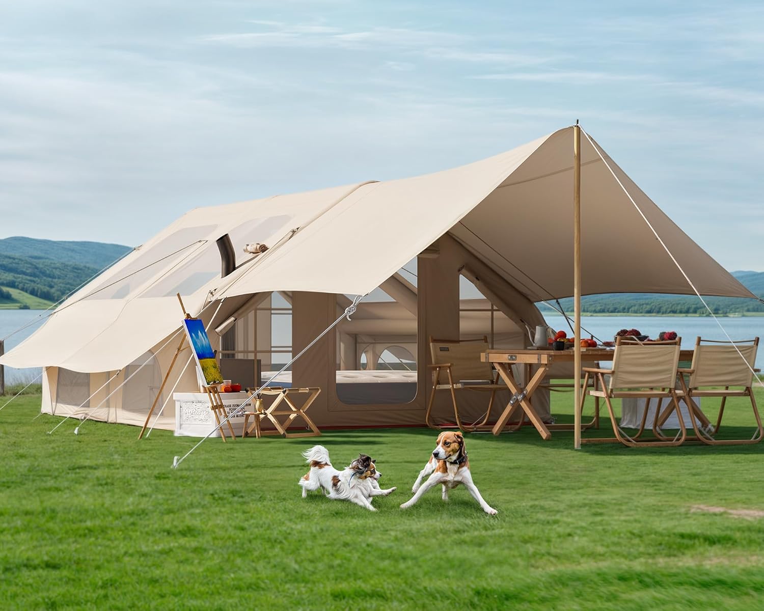 Kuublock Inflatable Camping Tent with Pump & 1/2 Awnings, 8-14 Person Air Tents for Camping Adult, Large Waterproof Oxford Family Glamping Tent, Quick Setup Big Tent for Outdoor Camping