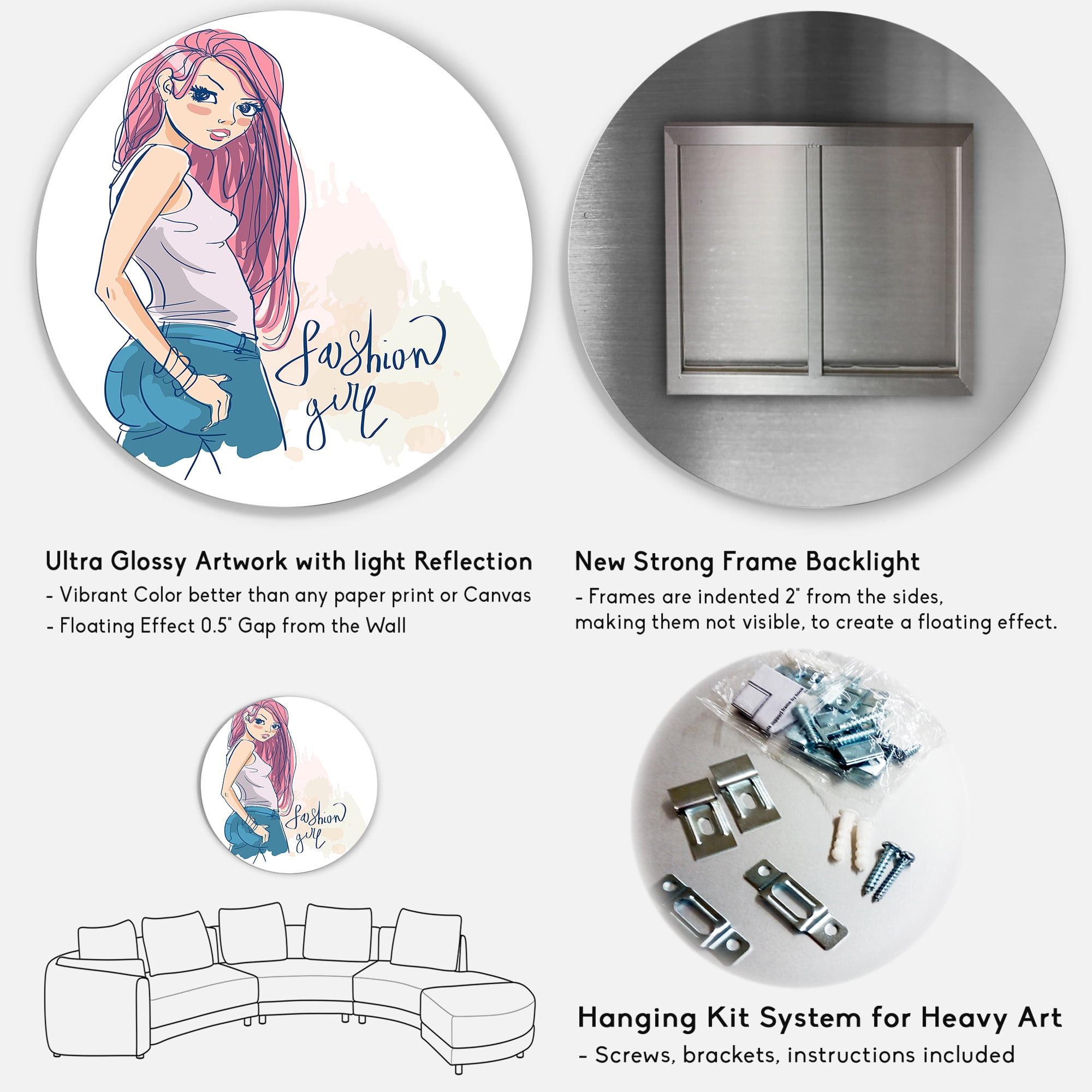 Designart 'Trendy Fashion Woman I' Children's Art Circle Metal Wall Art 36x36 - Disc of 36