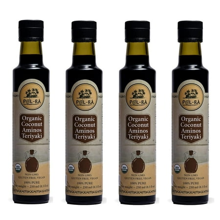 P L-RA Organic Coconut Aminos Sauce Teriyaki - Soy Sauce Alternative - Vegan, Paleo & Keto - Soy Free - Low Glycemic, Low Sodium - Marinade Substitute - Gluten Free - Kosher - 8.5 oz - Pack of 4