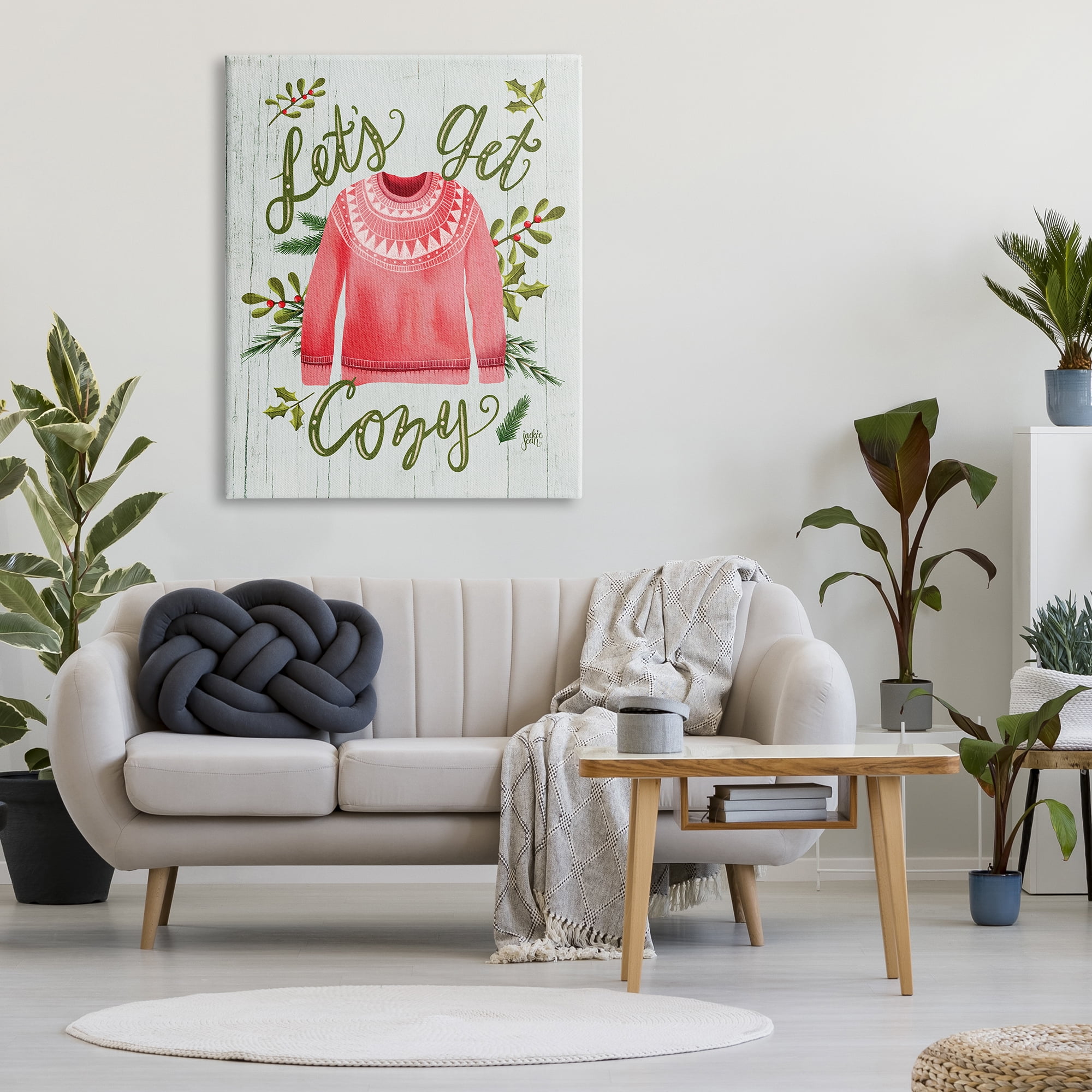 Stupell Home Décor Let's Get Cozy Holly Plants Pink Winter Sweater, 36 x 48, Designed by Jackie Quigley