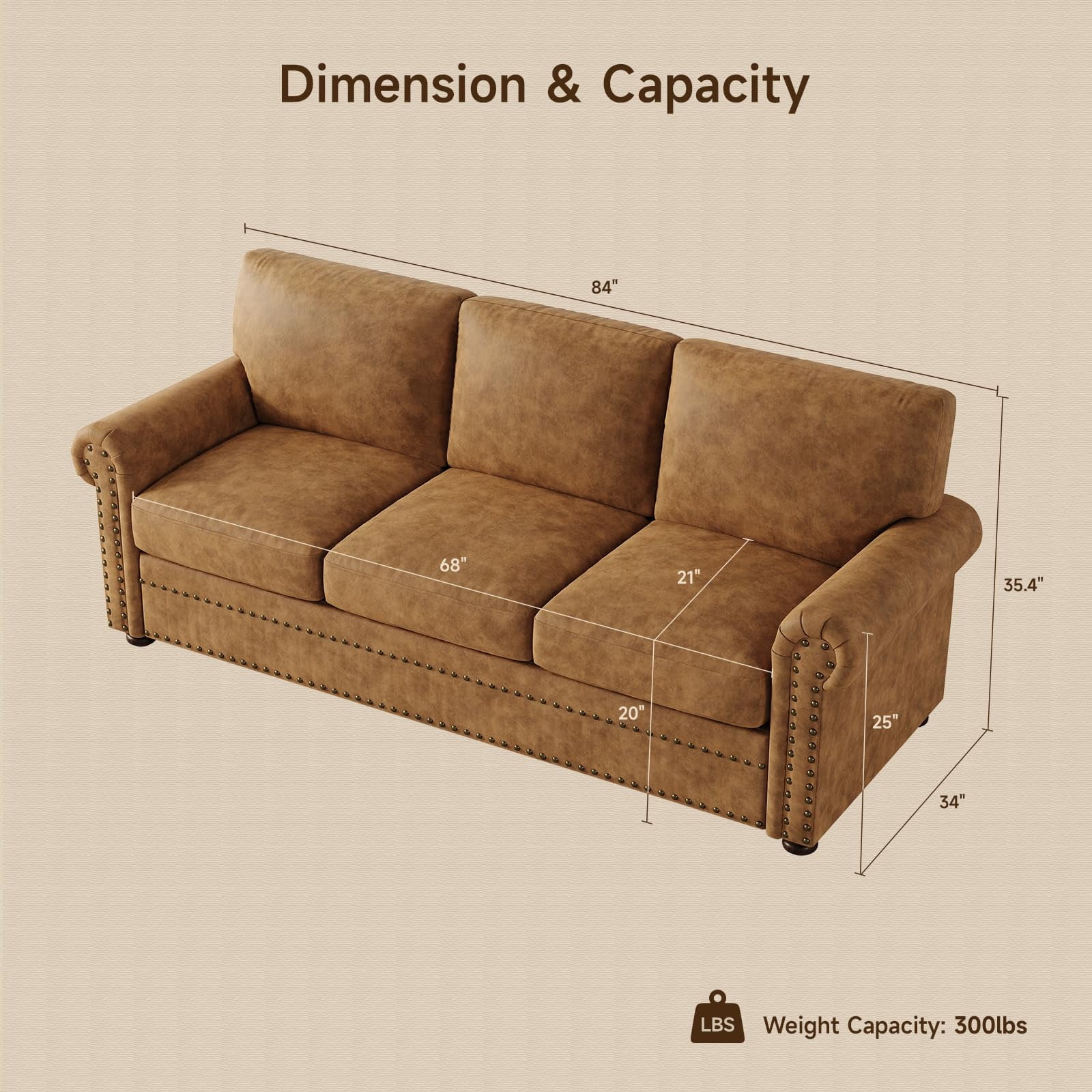 ROGALIS 84" Faux Leather Sofa, Mid-Century Modern 3-Seater Couch with Nailhead Trim and Rolled Arms, Caramel