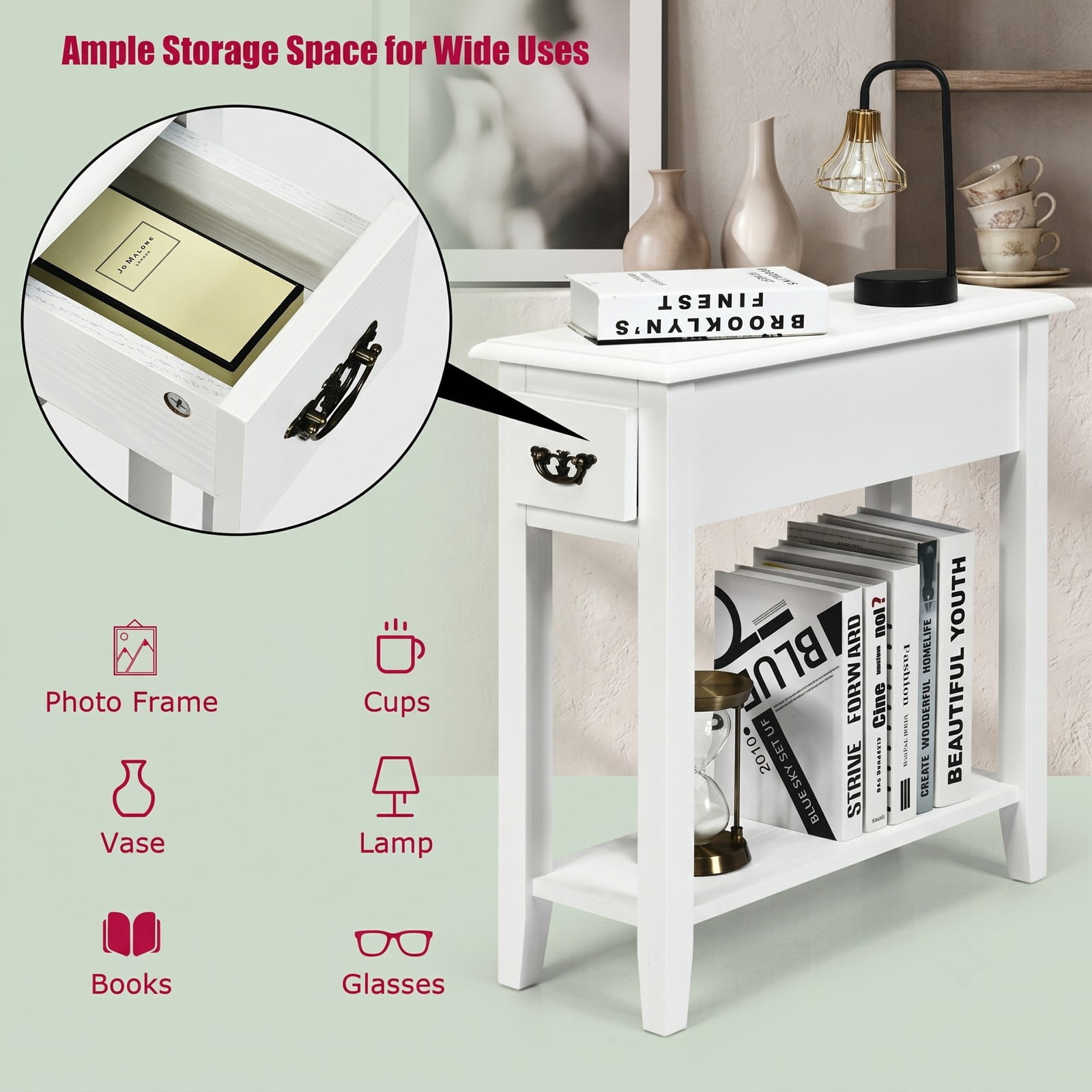 Furnibear 2-Piece Sofa Side End Table Set with Drawer and Open Shelf, 2-Tier Narrow Nightstand Bedside Table for Living Room Bedroom Small Space, MDF and Rubber, White