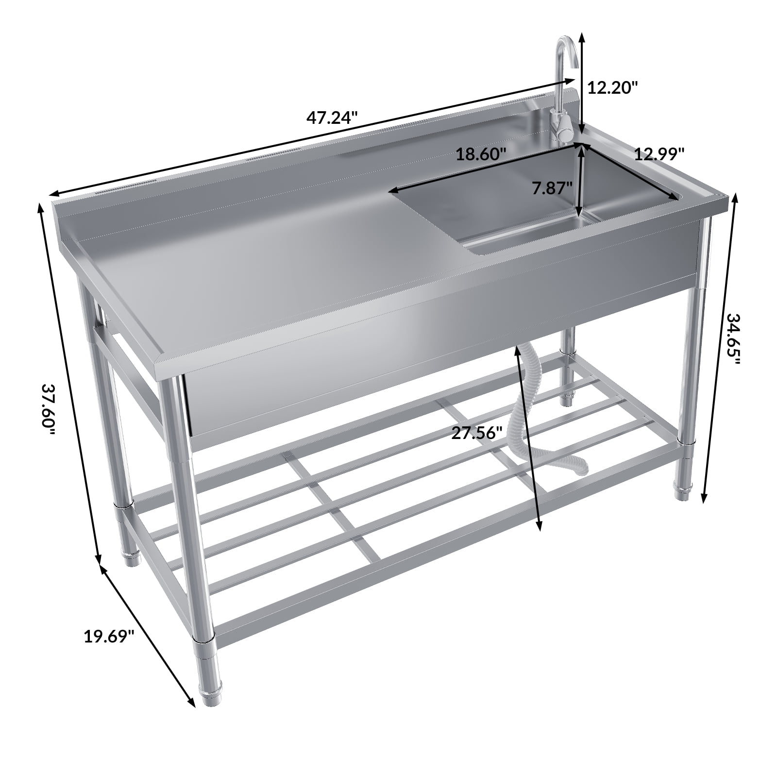 Single Bowl Stainless Steel Utility Sink with Faucet - Heavy-Duty Freestanding Basin, Storage Rack & Adjustable Legs, Hot/Cold Water, for Kitchen, Laundry, Garage, Outdoor