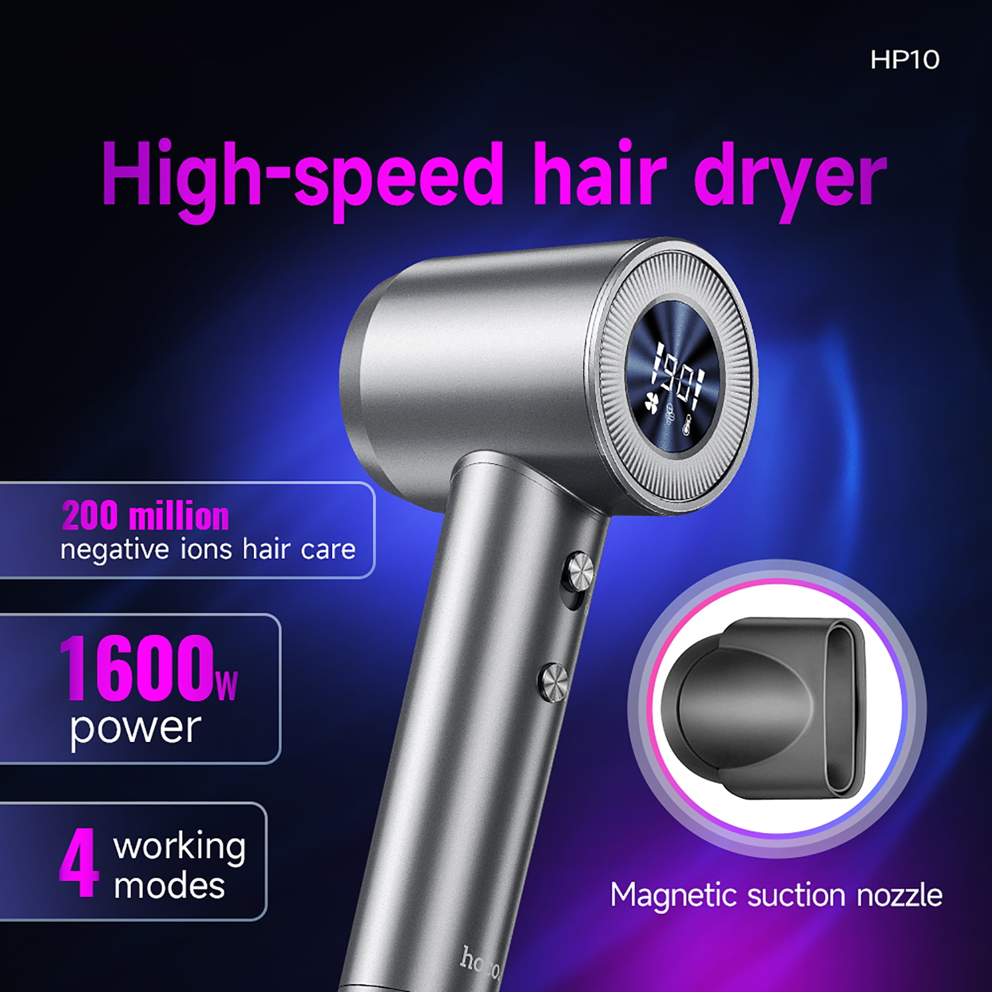 HOCO High-speed Negative Ion Hair Dryer 2 speeds /4 temperatures with Smooth Air Nozzle Digital Display Fast Drying for Home Salon Travel（Black)
