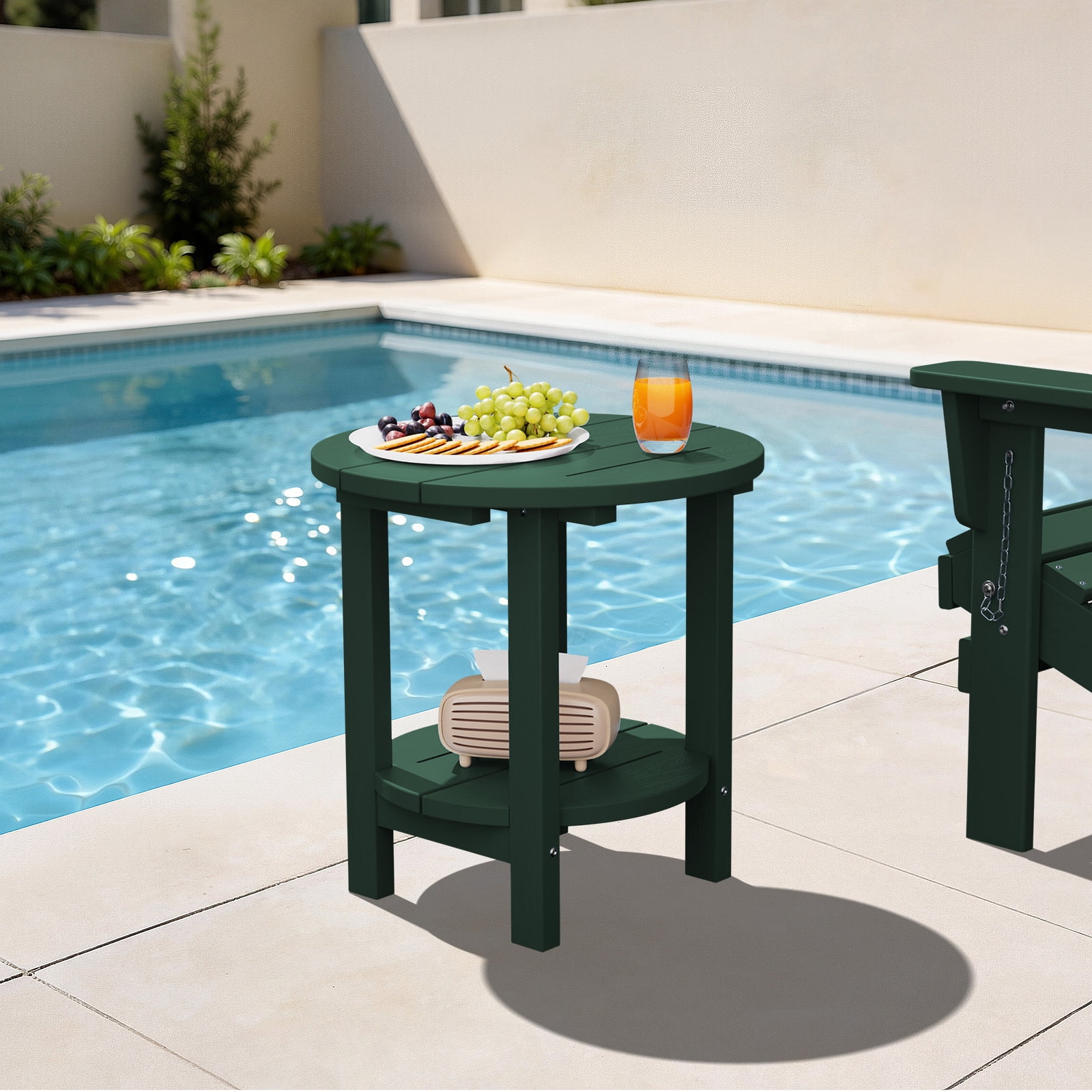 FUNDAZE 2-Tier Round HDPE Patio Side Table, End Tables For Living Room, Waterproof Indoor & Outdoor Small Table for Poolside, Garden, Dark Green