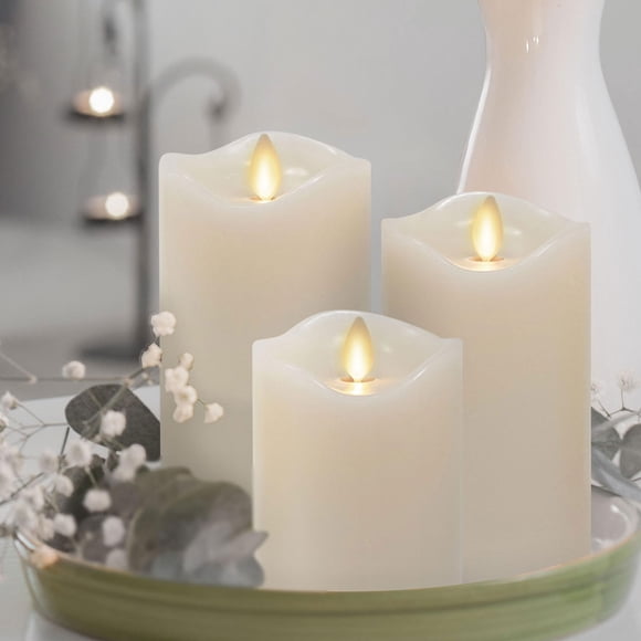 Matchless Candle Co. by Luminara Ensemble de 3 (3 Pouces x 4.5 Pouces,5.5 Pouces,6.5 Pouces) Bougie à Piles Sans Flamme à DEL Vacillante Pilier à Flamme Mobile, Bord Fondu, Re