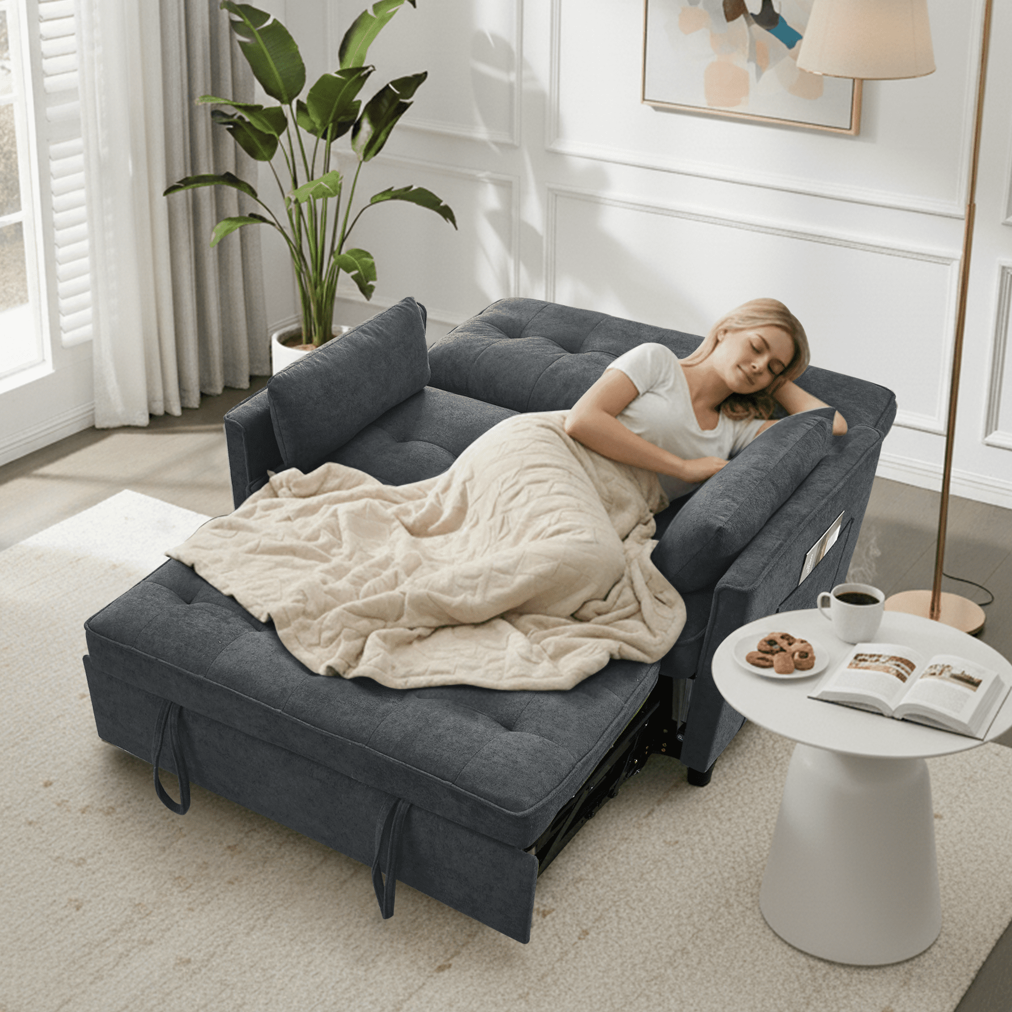 Convertible Sofa Bed,55" 3-in-1 Sleeper Sofa with Pull Out Bed,Sleeper Couch Loveseat with Adjustable Backrest,USB Charging Ports & Side Pockets for Living Room,Apartment,RV,Easy Assembly,Dark Grey