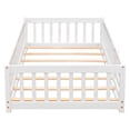 thumbnail image 5 of Twin Size Floor Platform Bed for Kids, Montessori Bed Frame with Fence-Shaped Guardrails and Door Solid Wood Platform Bed Frame with 7 Slats Support for Bedroom Playroom No Box Spring Needed, White, 5 of 7