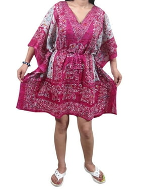 Mogul Women Tunic Beach Kaftan Printed Pink V-Neck Cover Up Kaftan Tops