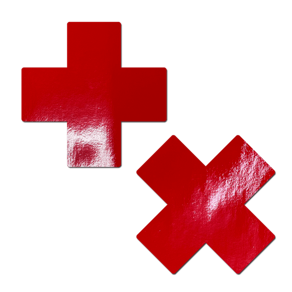 Plus X: Red Faux Latex Pleather Vinyl Cross Nipple Pasties by Pastease®