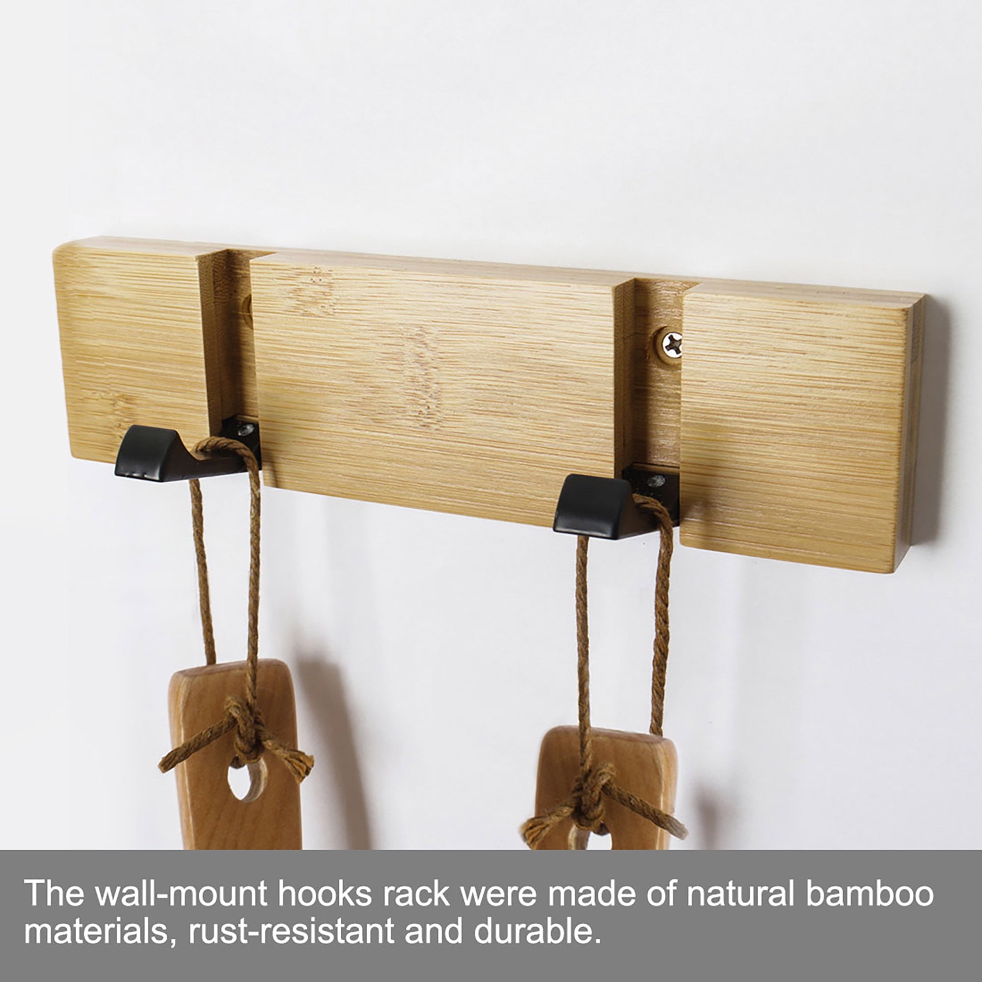 Unique Bargains Wall Mounted Hook 2 Hooks Foldable Rack Bamboo Coat