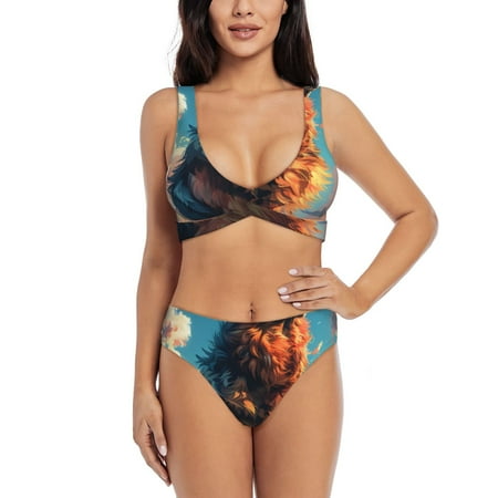 Zeuib Colorful Cloud Shepherd Dog High Waisted Tummy Control Bikini Set - Knot Front Push Up Top & Cheeky Thong Bottom  Two-Piece Swimsuit for Women-X-Large