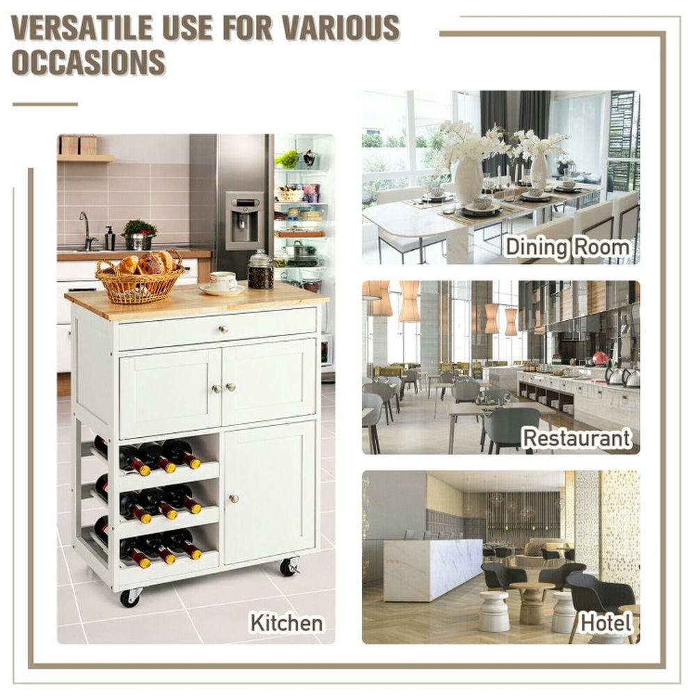 Finihen Rolling Storage Cabinet Cart, Kitchen Island Cart, Kitchen Cart with Rubber Wood Top 3 Tier Wine Racks 2 Cabinets, for Kitchen, Dining Room, White Finihen Rolling Storage Cabinet Cart, Kitchen Island Cart, Kitchen Cart with Rubber Wood Top 3 Tier Wine Racks 2 Cabinets, for Kitchen, Dining Room, White