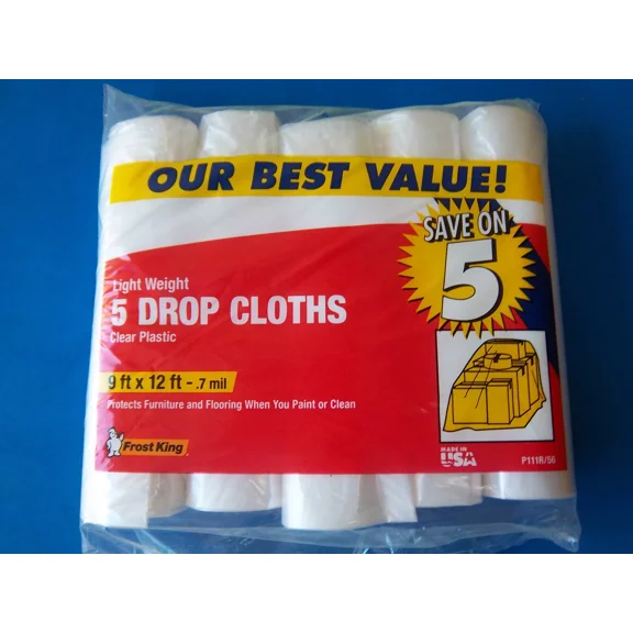 New Bag Of Frost King 5-Pack Light Weight Clear Plastic 12-Ft X 9-Ft Drop Cloths